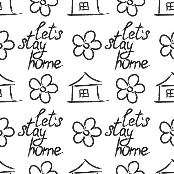 家に帰りましょう ベクトル引用 ブラシで手書き 花や家とかわいいシームレスなパターン ベクターイラスト — ストックベクタ