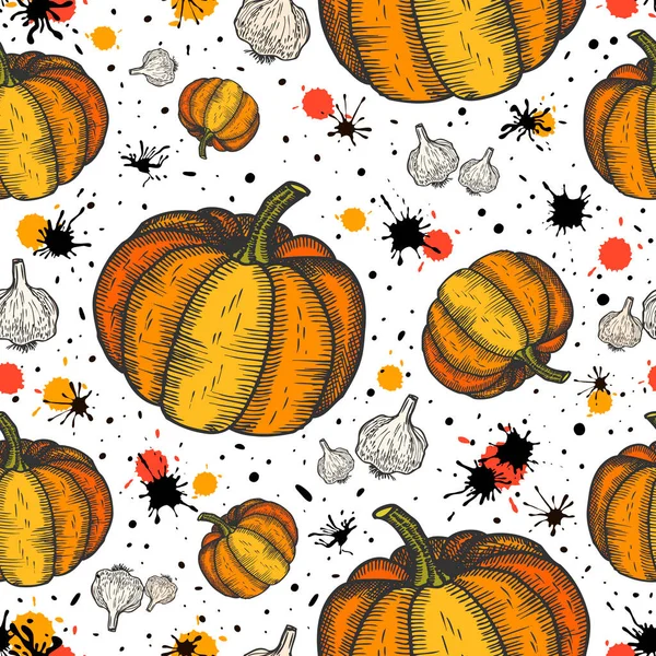 Pumpkin Garlic Seamless Pattern Abstract Repeated Background Paint Splashes Vegetable — Stock Vector