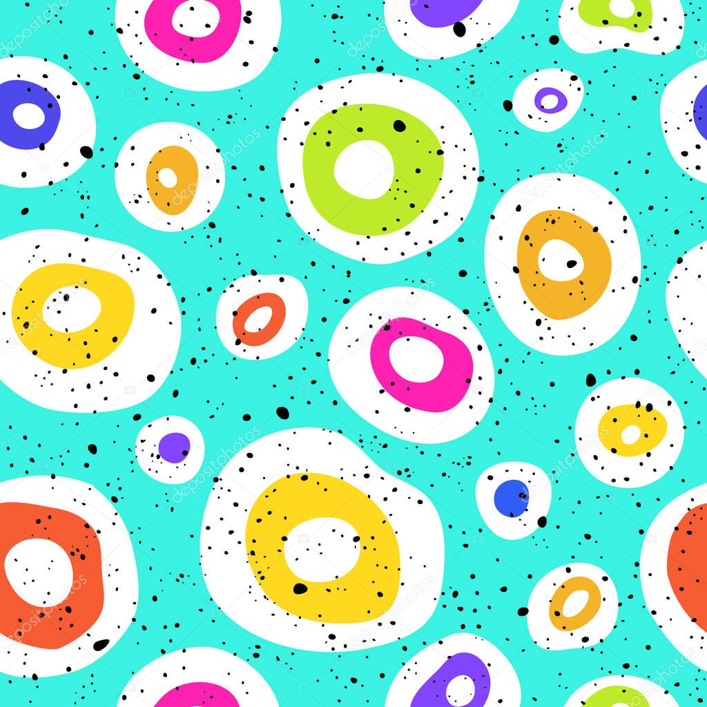 Pop Art seamless pattern geometric modern with colorful acid vector seamless layout with circle spots. Illustration with set of colorful abstract circles. Vector Illustration
