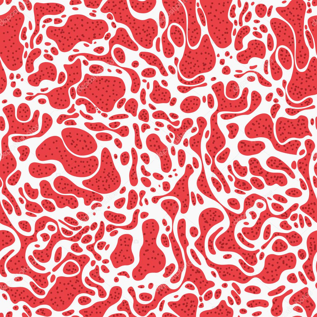 Seamless abstract pattern of red spots and dots. Red texture of liquid, plasma, and cells. Design for website, print