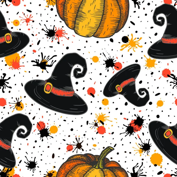 Padrão Sem Emenda Halloween Desenho Animado Com Chapéu Bruxa Salpicos — Vetor de Stock