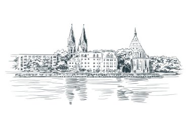 Brandenburg Eyalet Orkestrası 'nın el çizimi çizimi çizimi. Barış Kilisesi, Friedenskirche. Konser Salonu Carl Philipp Emanuel Bach. Frankfurt an der Oder, Almanya. Vektör illüstrasyonu