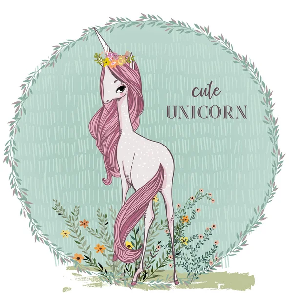 Mignon Vecteur Dessin Animé Licorne Avec Couronne Fleurs — Image vectorielle