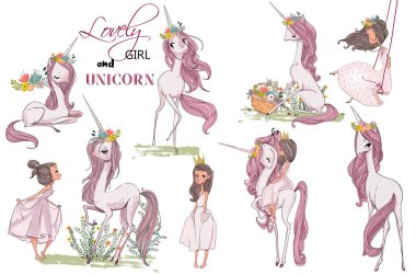 Cute unicorn with girl clipart