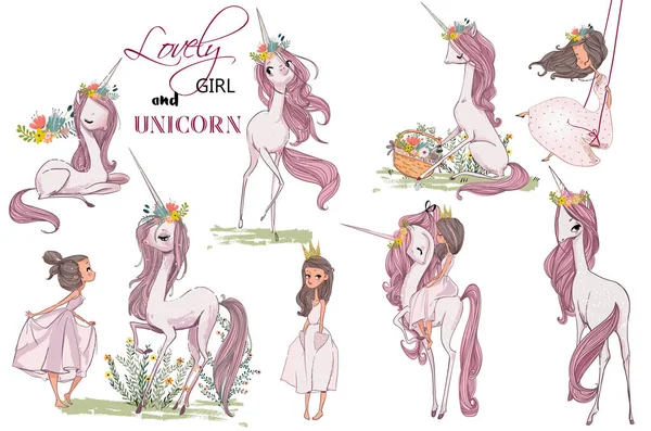 Lindo unicornio con chica — Vector de stock