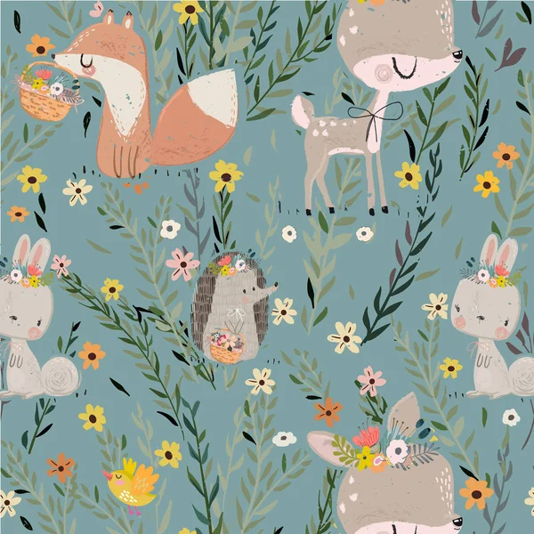 Seamless pattern with cute animals — Stock Vector