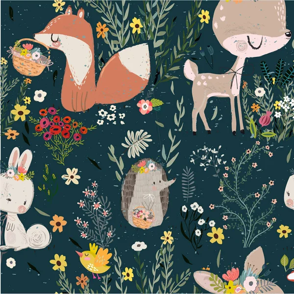 Seamless pattern with cute animals — Stock Vector