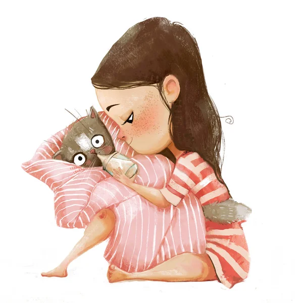 Bonito cartoon menina com gato — Fotografia de Stock