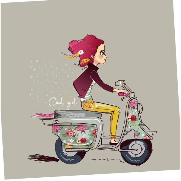 Linda chica de dibujos animados en moto — Vector de stock