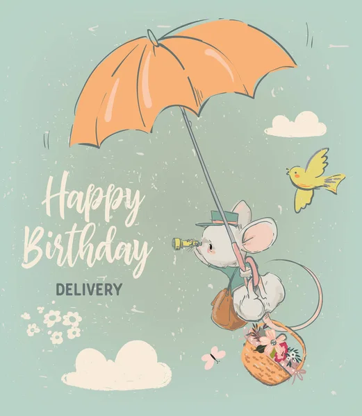 Lindo cumpleaños ratón con flores — Vector de stock