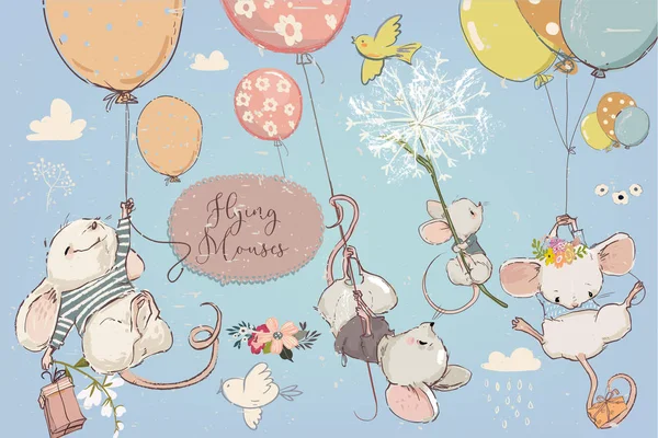 Collection avec de jolies souris d'anniversaire avec des ballons — Image vectorielle