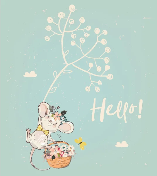 Słodkie urodziny myszy z kwiatami — Wektor stockowy