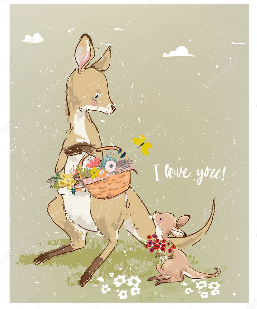 Mom kangaroo with little baby and flowers