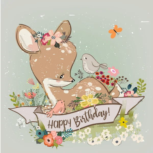 Birthday little deer with flowers — Stock Vector
