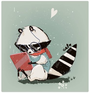 cute little raccoon with tablet clipart
