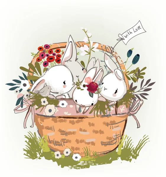 可爱的生日野兔在篮子里 — 图库矢量图片