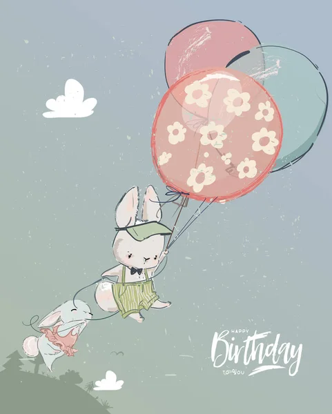 小矢量野兔飞气球. — 图库矢量图片