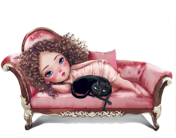 Мультяшная девушка с черной кошкой на розовом диване — стоковое фото