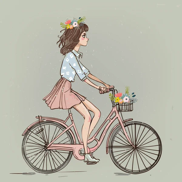 Linda chica de dibujos animados en bicicleta — Vector de stock