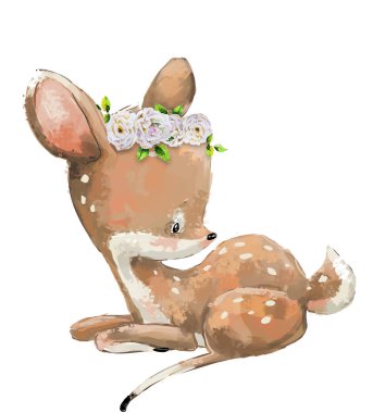 Küçük şirin suluboya güzel geyik çiçek