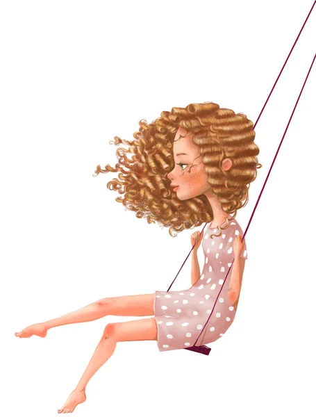 Cute cartoon girl on swing — Stock Photo, Image