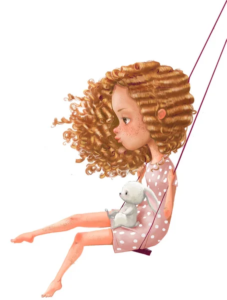 Cute cartoon girl on swing with hare — Stock Photo, Image