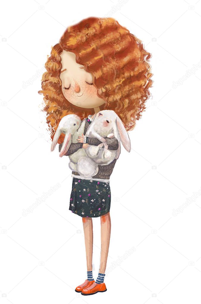 cute little girl with basket of hares