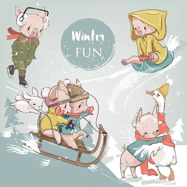 Cute winter pigs collection — Stock Vector