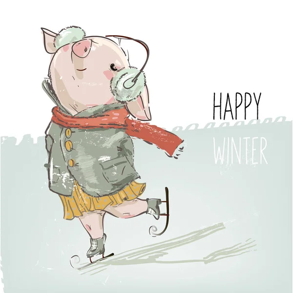 Lindo precioso dibujos animados cerdo patinaje — Vector de stock