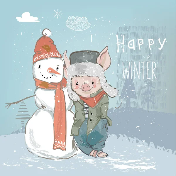 Carino bella cartoni animati maiale con pupazzo di neve — Vettoriale Stock