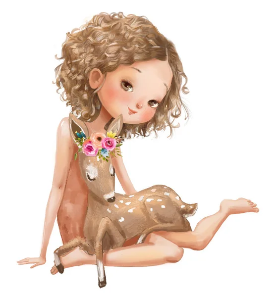 Cute cartoon girl with deer — Stock Photo, Image