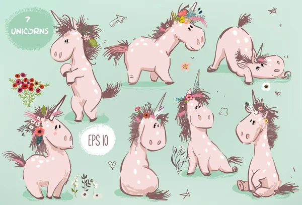 Set con piccolo cartone animato fiabesco unicorno — Vettoriale Stock