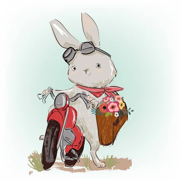 Lièvre mignon sur motobike avec cadeau floral — Image vectorielle