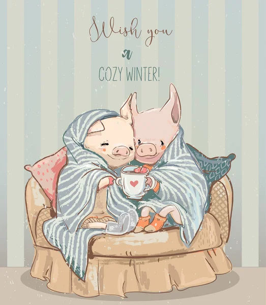 Милые уютные зимние свиньи — стоковый вектор