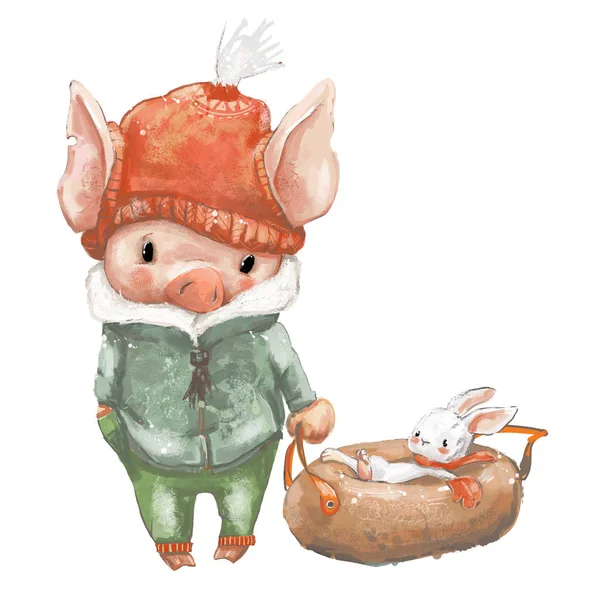 Lindo cerdo y pequeña liebre en trineo — Foto de Stock