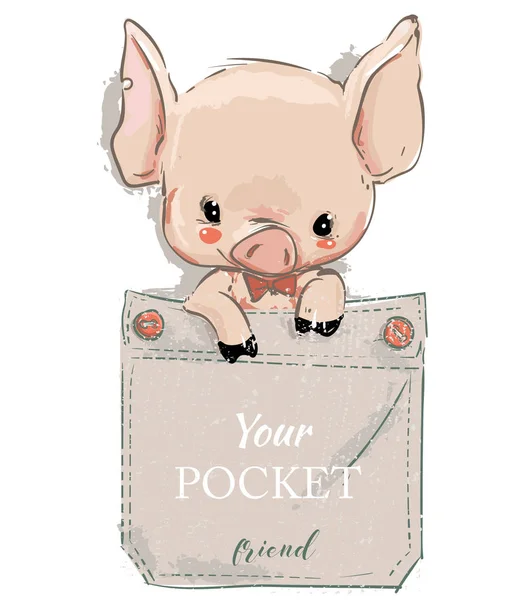 Mignon beau cochon de dessin animé sur poche — Image vectorielle