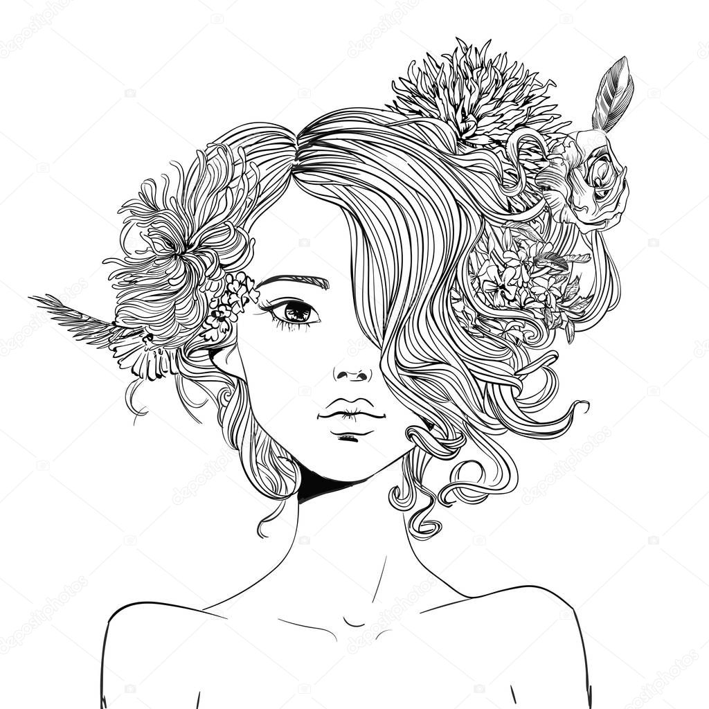 Portrait of young beautiful woman with flowers - black and white vector illustration