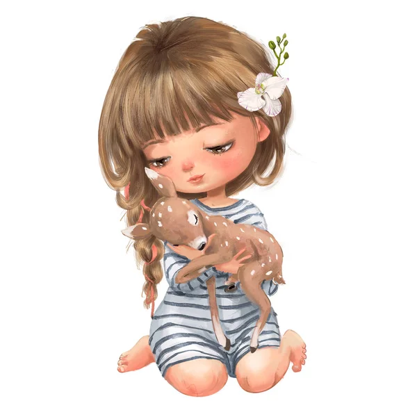 Cute cartoon summer girl with little fawn — Stock Photo, Image