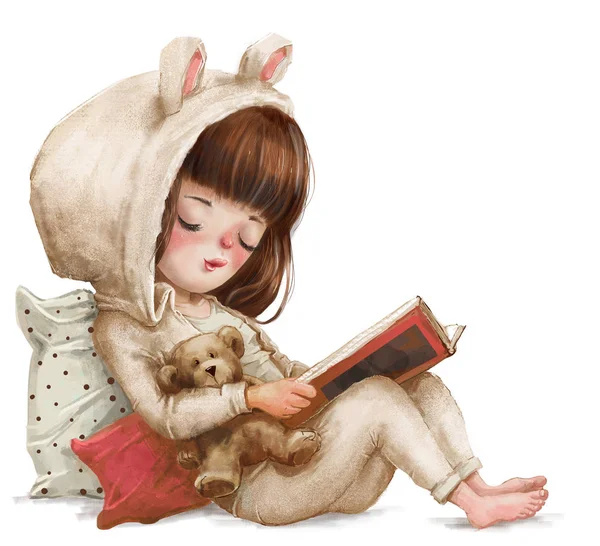 Симпатичная девочка-мультик с книгой — стоковое фото