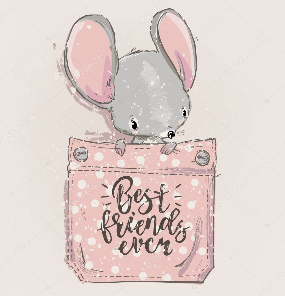 cute lovely cartoon mouse on pocket. Vector illustration