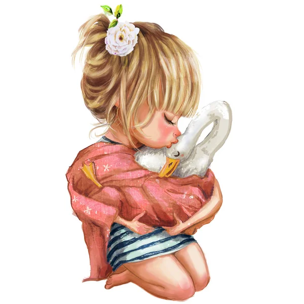 夏天金发碧眼的小女孩亲吻一只鹅 — 图库照片