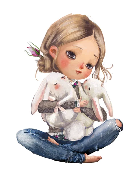 Cute cartoon summer girl with little hares — Stock Photo, Image