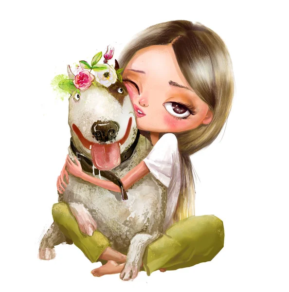 Bir köpek ile sevimli çizgi kız — Stok fotoğraf