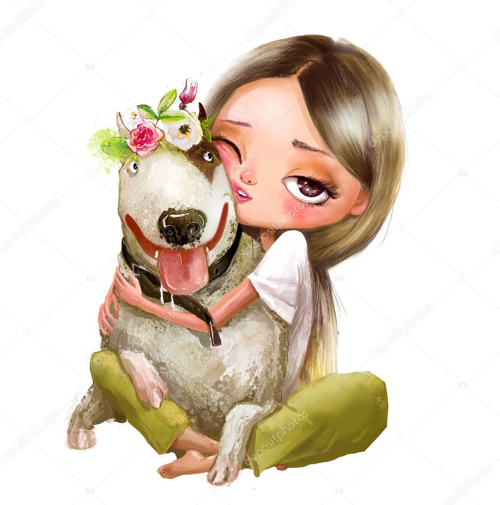 cute cartoon girl with a dog
