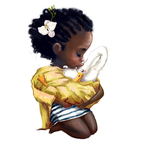 Bir kaz ile küçük Afrikalı kız — Stok fotoğraf
