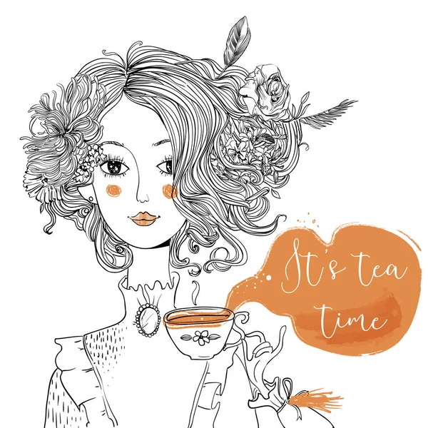Мультяшна дама з чашкою чаю — стоковий вектор