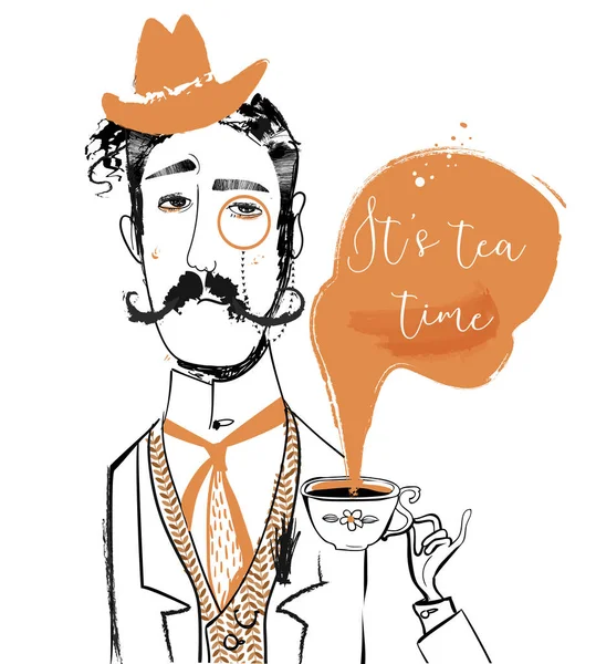 Cartoon gentleman met thee beker — Stockvector