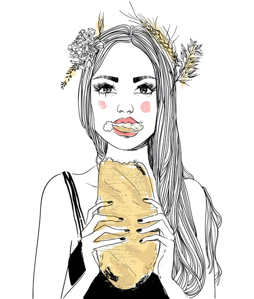 Portré, fiatal nő portré kenyérrel — Stock Vector