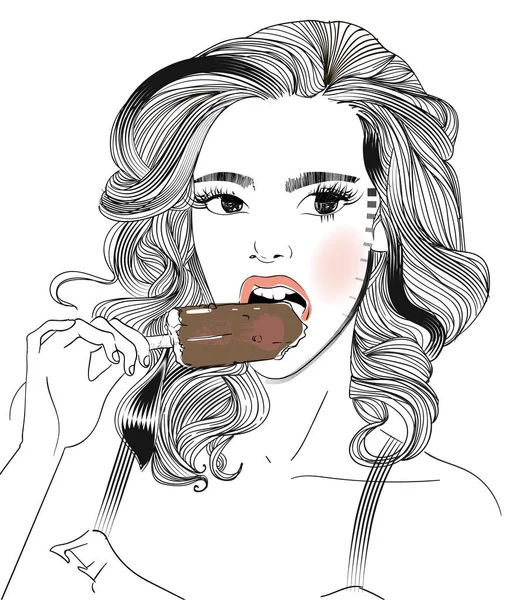 Portrait of young woman portrait with an icecream — Stock Vector