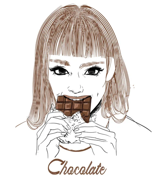 Portrait of young woman portrait eat chocolate — Stock Vector